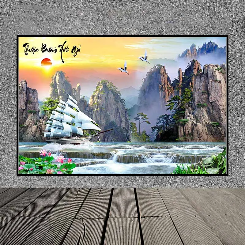 Tranh thuận buồm xuôi gió, phong cảnh thác nước, đồi núi và đàn chim hạc