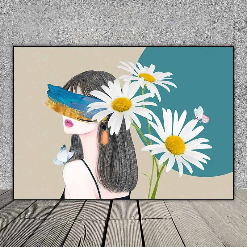 Tranh cô gái trừu tượng và hoa tiểu cúc trắng