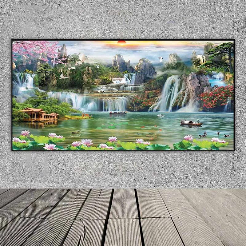 Tranh phong cảnh hồ nước, con thuyền, đàn chim hạc, và đôi thiên nga