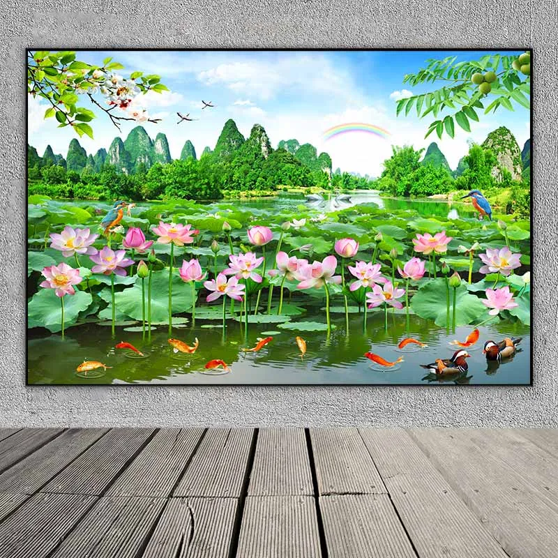 Tranh phong cảnh hồ sen, núi đồi và 9 con cá chép