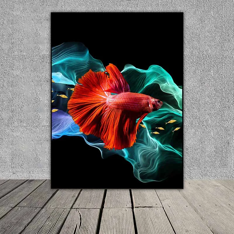 Tranh cá phướng màu đỏ, vàng và đàn cá nhỏ trừu tượng