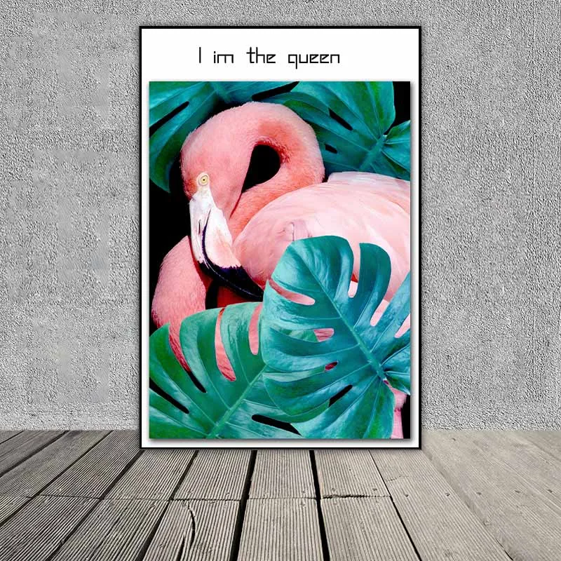 Tranh chim hồng hạc và lá cây trầu bà Nam Mỹ nhiệt đới kết hợp chữ