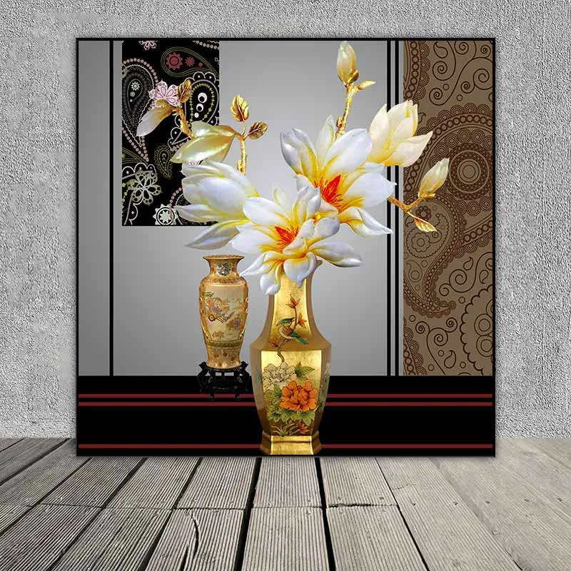 Tranh bộ 3 tĩnh vật bình hoa Mộc lan trắng