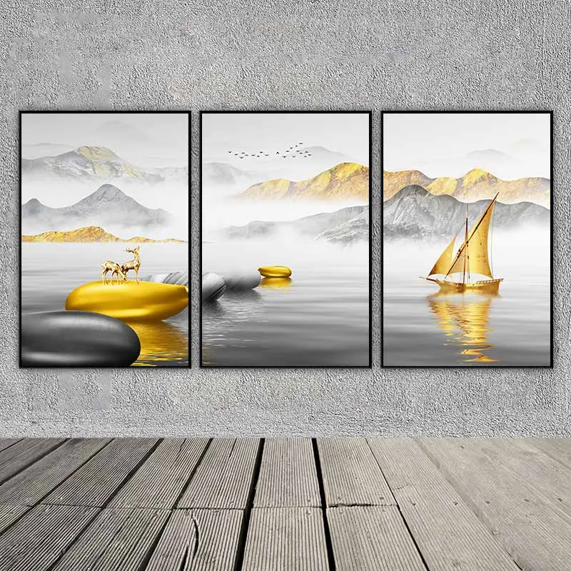 Tranh phong cảnh thuận buồm và con nai vàng trên các tảng đá phong thủy