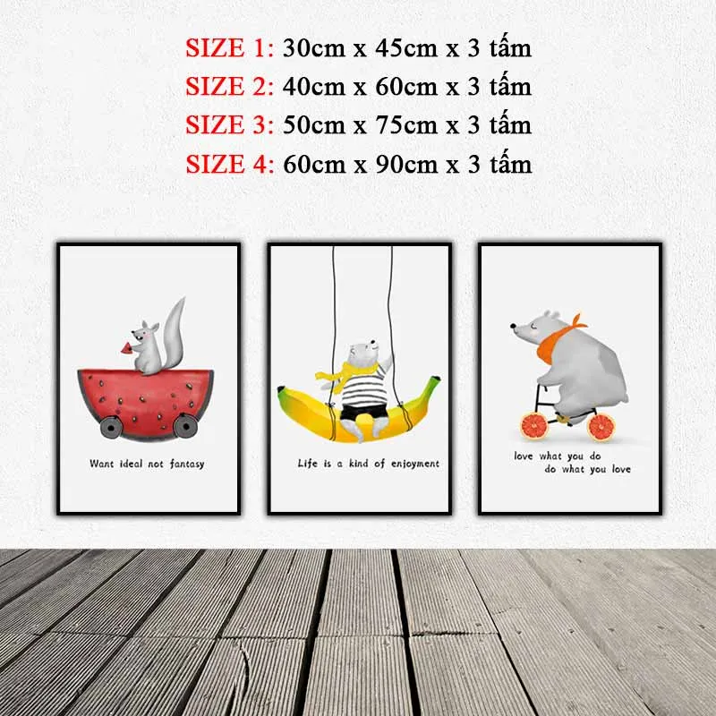 Tranh động vật con gấu, con sóc dễ thương treo phòng bé