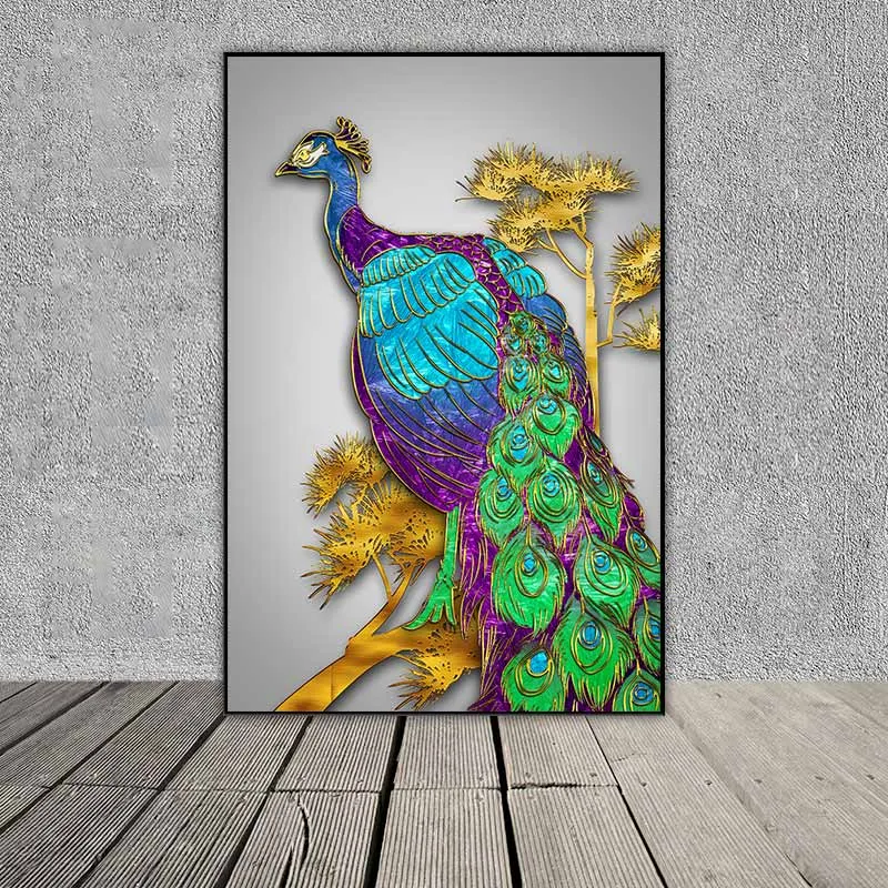 Tranh chim công cách điệu đứng trên cành cây màu vàng kim