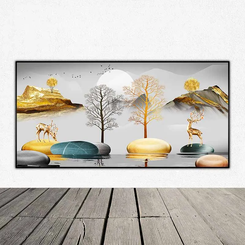 Tranh đàn nai vàng đang đứng trên các tảng đá phong thủy