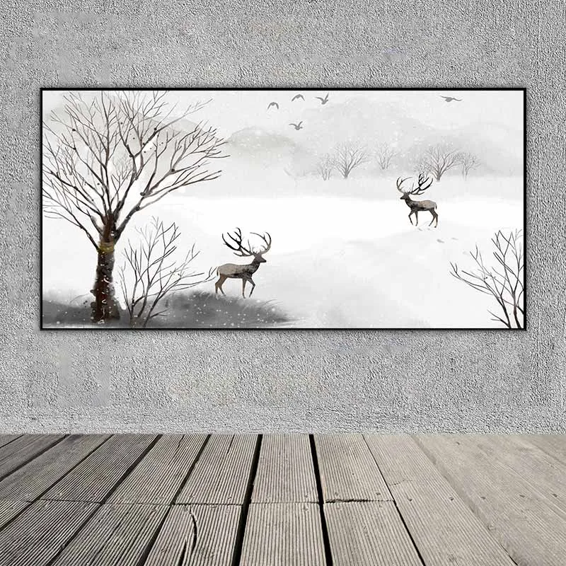 Tranh đàn nai dạo chơi vào mùa đông