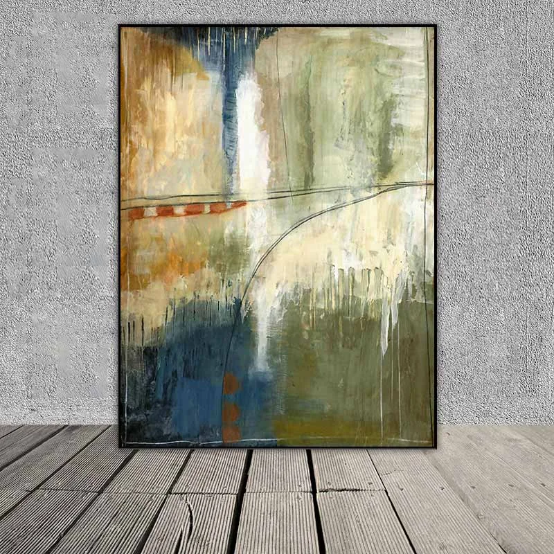 Tranh trừu tượng các mảng màu xanh rêu, vàng sáng và màu xanh đen