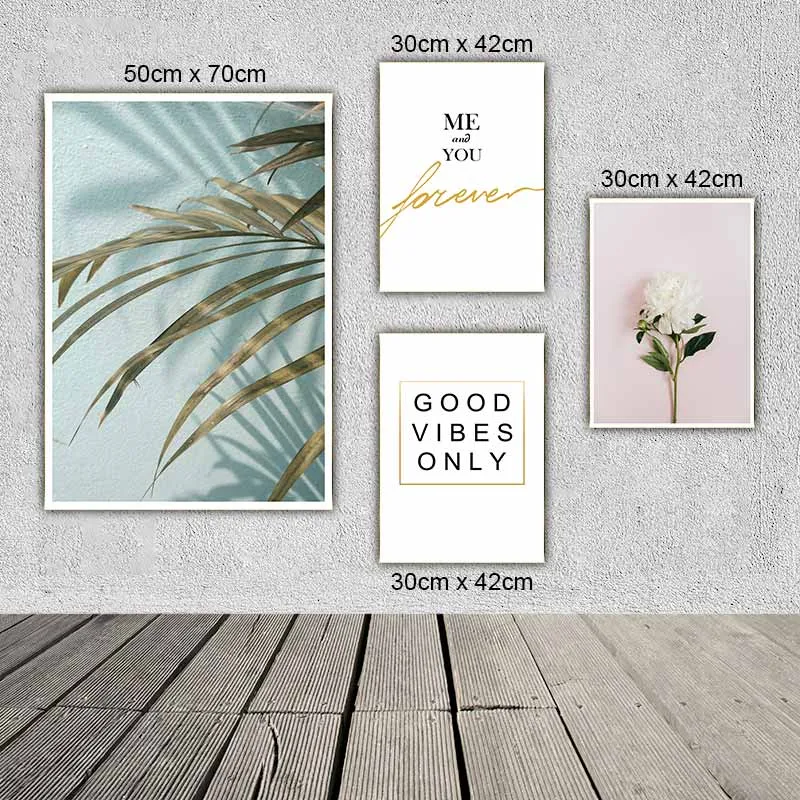 Tranh Scandinavia lá cây nhiệt đới và hoa hồng trắng kết hợp chữ