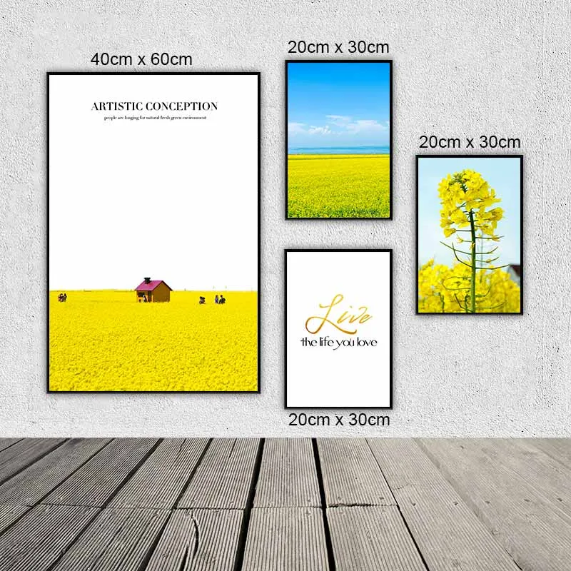 Tranh phong cảnh scandinavia cánh đồng vàng và cành hoa