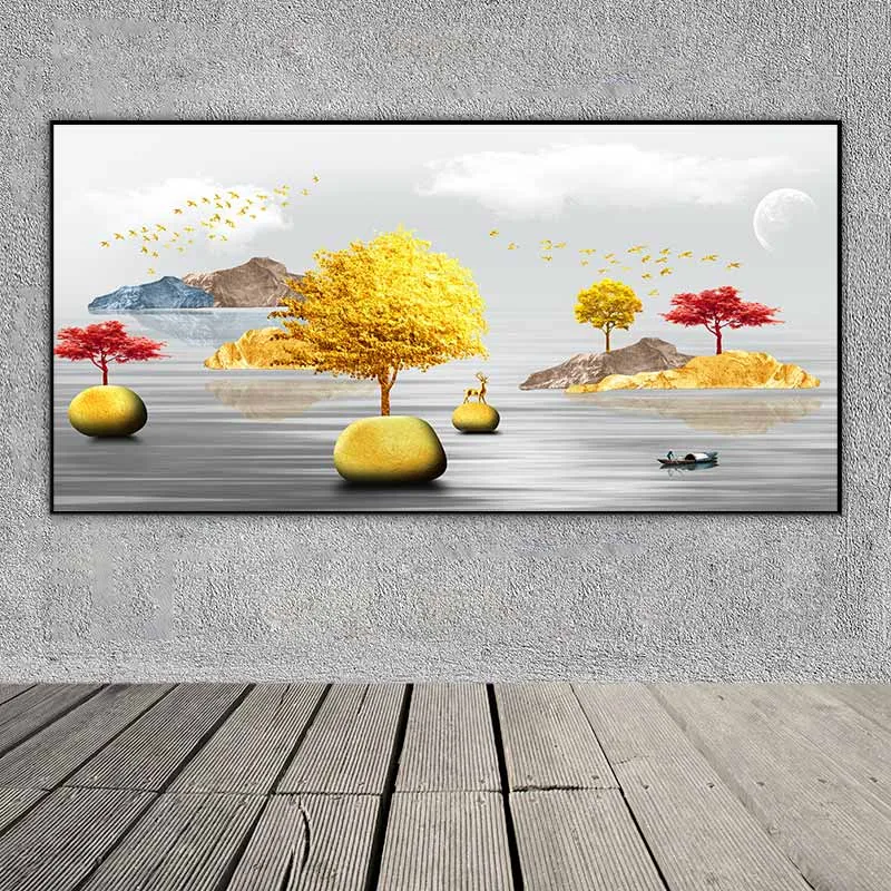 Tranh phong cảnh dòng sông, con thuyền, cây lá vàng và những tảng đá phong thủy