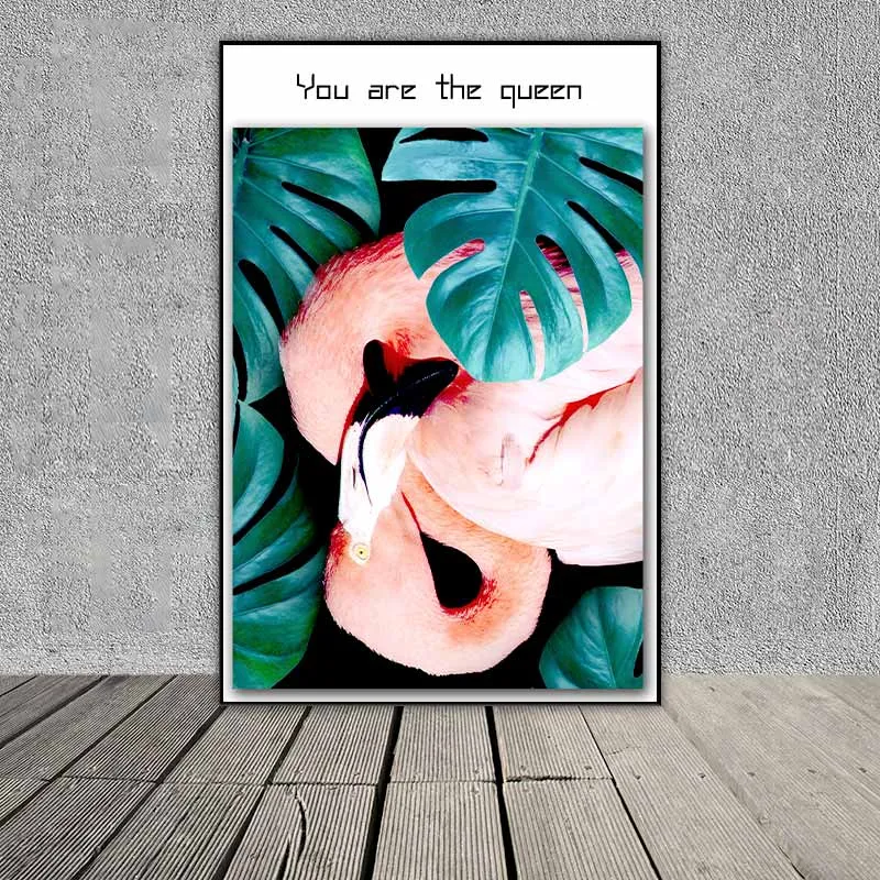 Tranh chim hồng hạc và lá cây trầu bà Nam Mỹ nhiệt đới kết hợp chữ