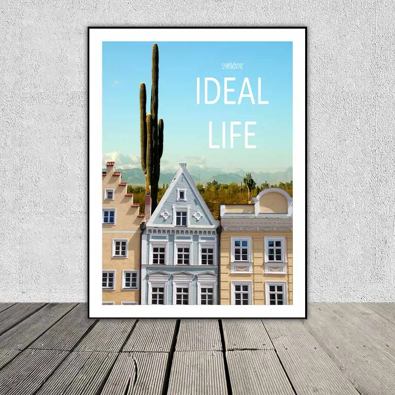 Tranh kiến trúc các tòa nhà kết hợp chữ