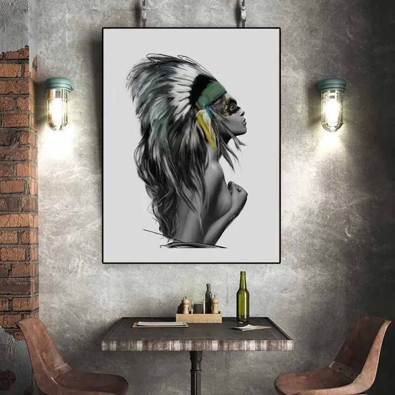 Tranh Scandinavian cô gái thổ dân đội mũ lông chim, cảnh biển, núi đồi