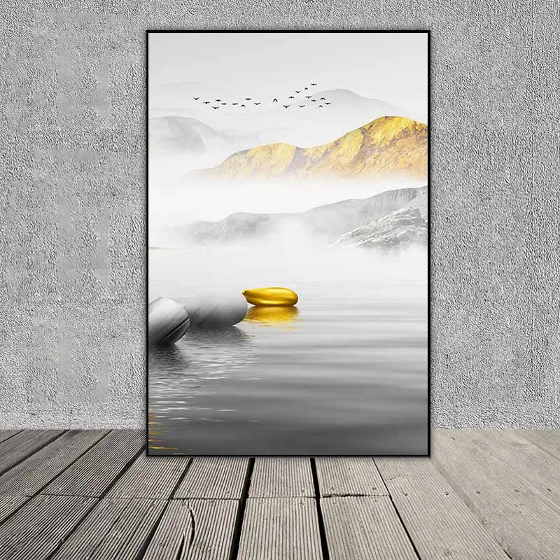 Tranh phong cảnh thuận buồm và con nai vàng trên các tảng đá phong thủy