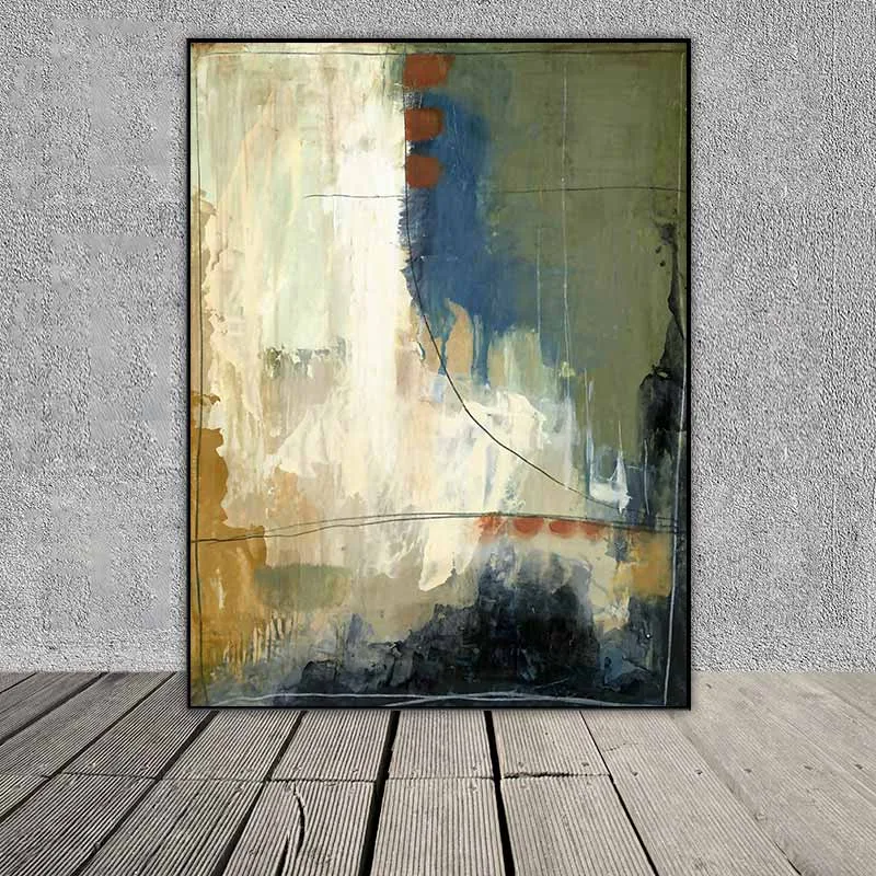 Tranh trừu tượng các mảng màu xanh rêu, vàng sáng và màu xanh đen