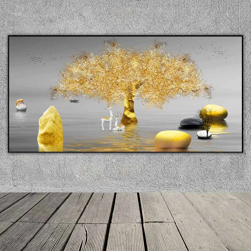 Tranh 2 con nai nằm dưới gốc cây lá vàng, xung quanh những tảng đá phong thủy
