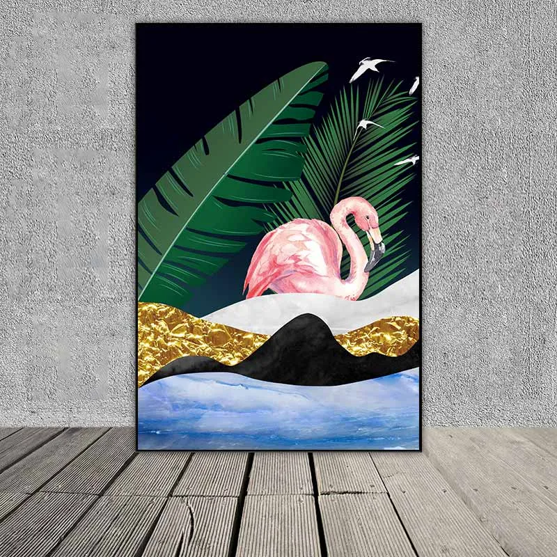 Tranh chim hồng hạc và lá cây nhiệt đới