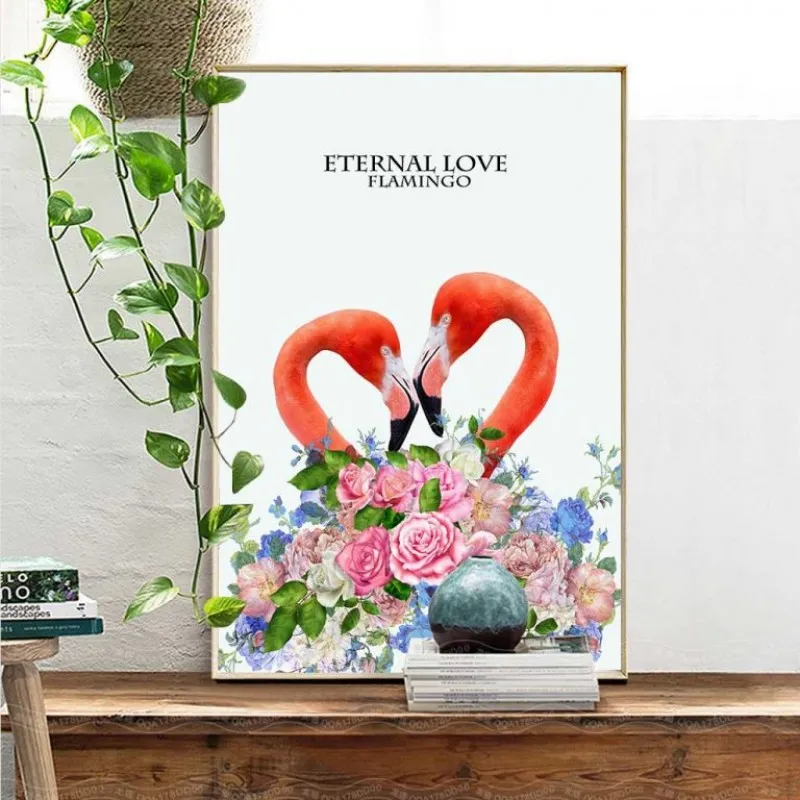 Tranh hồng hạc. hoa hồng và lá dương xỉ