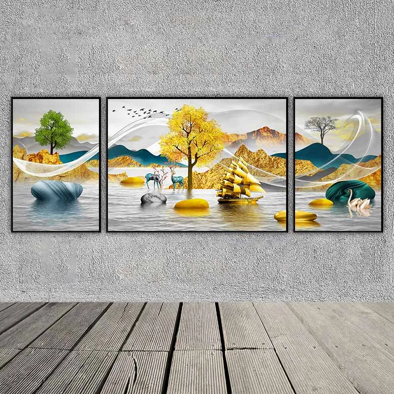 Tranh phong thủy thuyền buồm vàng, đồi núi vàng, hươu nai, những tảng đá phong thủy và thiên nga
