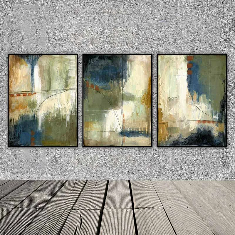 Tranh trừu tượng các mảng màu xanh rêu, vàng sáng và màu xanh đen