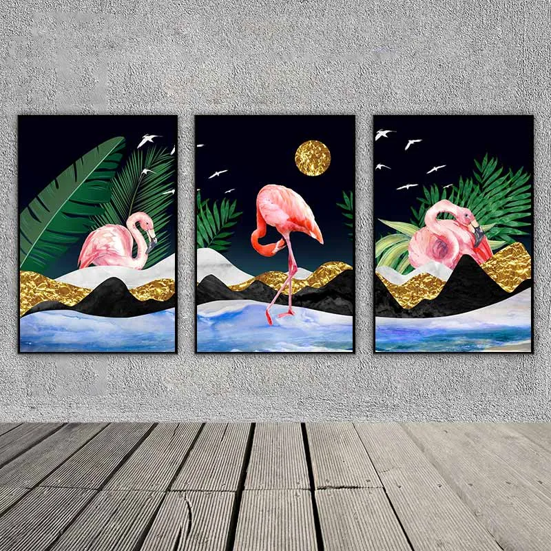 Tranh chim hồng hạc và lá cây nhiệt đới