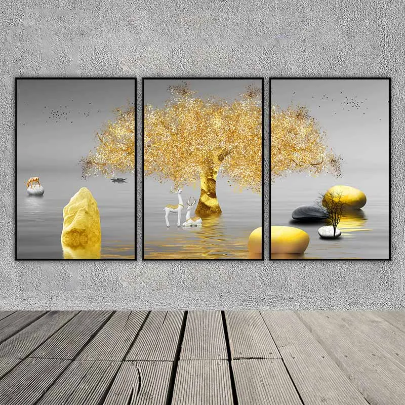 Tranh 2 con nai nằm dưới gốc cây lá vàng, xung quanh những tảng đá phong thủy