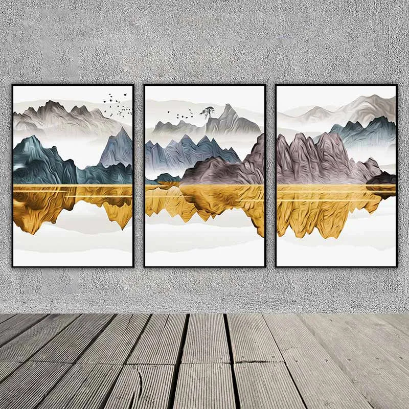 Tranh phong cảnh đồi núi và hồ nước trừu tượng