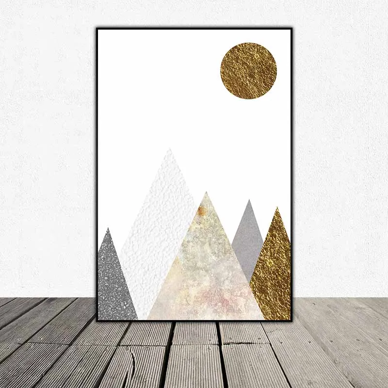 Tranh phong cảnh núi đồi mặt trời trừu tượng các hình tam giác và hình tròn