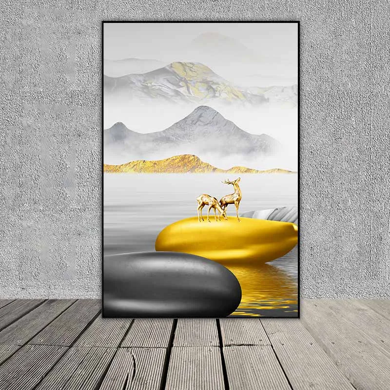 Tranh phong cảnh thuận buồm và con nai vàng trên các tảng đá phong thủy