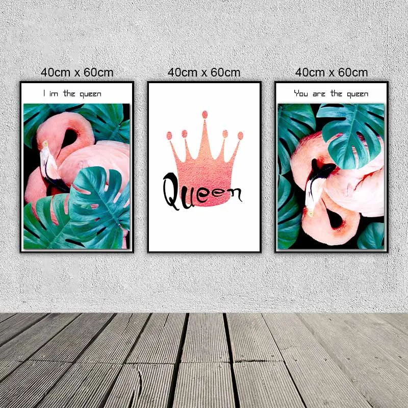 Tranh chim hồng hạc và lá cây trầu bà Nam Mỹ nhiệt đới kết hợp chữ