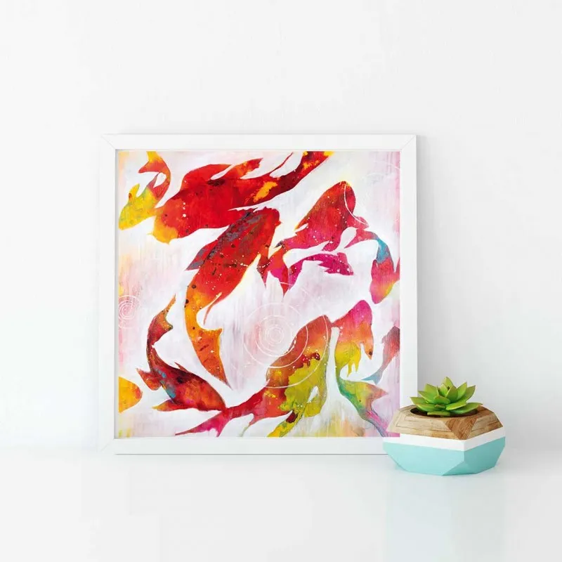 Tranh trừu tượng cá chép, chim ruồi, sóng biển và mây trời