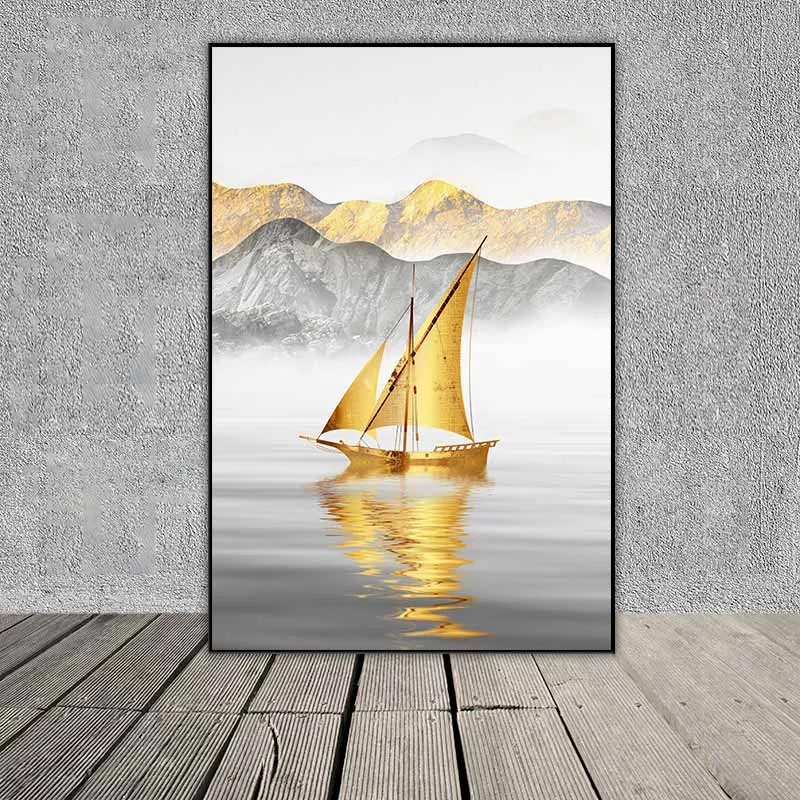 Tranh phong cảnh thuận buồm và con nai vàng trên các tảng đá phong thủy