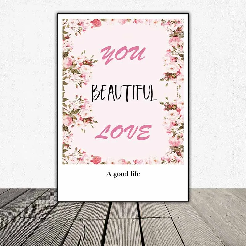 Tranh trang trí hiện đại giàn hoa hồng và cánh cửa màu xanh kết hợp chữ You Beautiful love