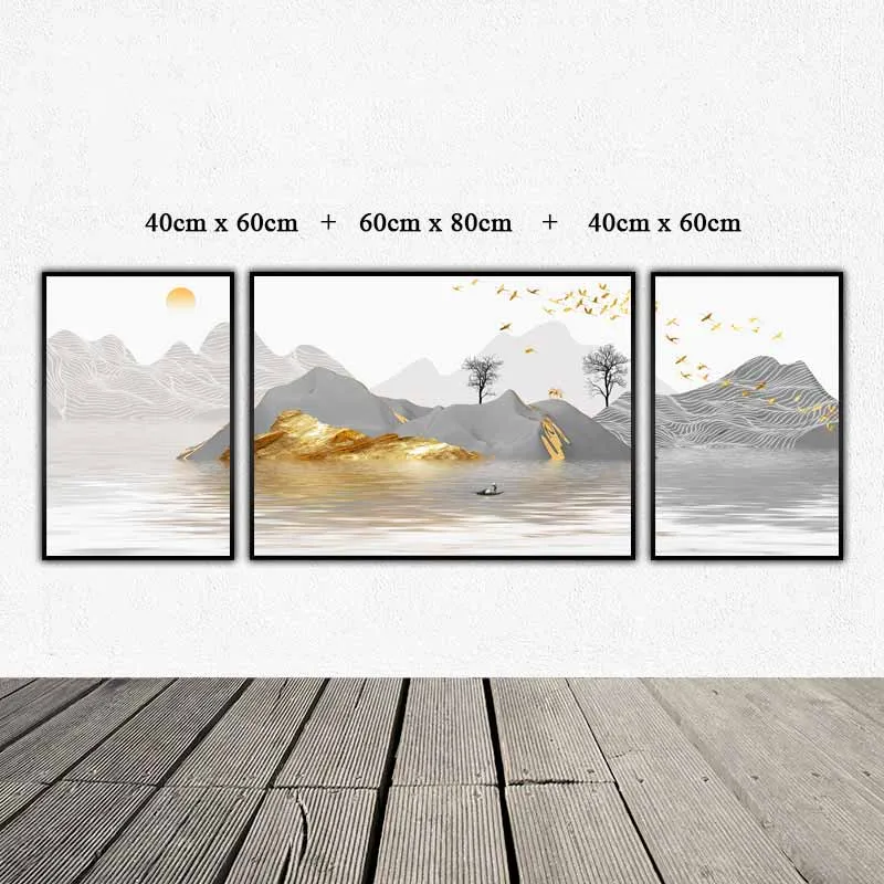 Tranh phong cảnh con thuyền trên dòng sông và đồi núi vàng  hiện đại