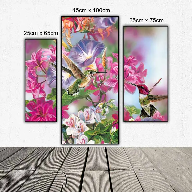 Tranh bộ 3 tấm ghép chim và hoa