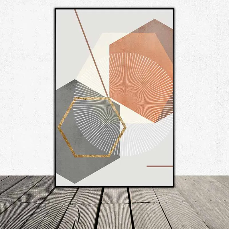 Tranh trừu tượng khối hình lục giác, hình tròn và đường nét cô gái