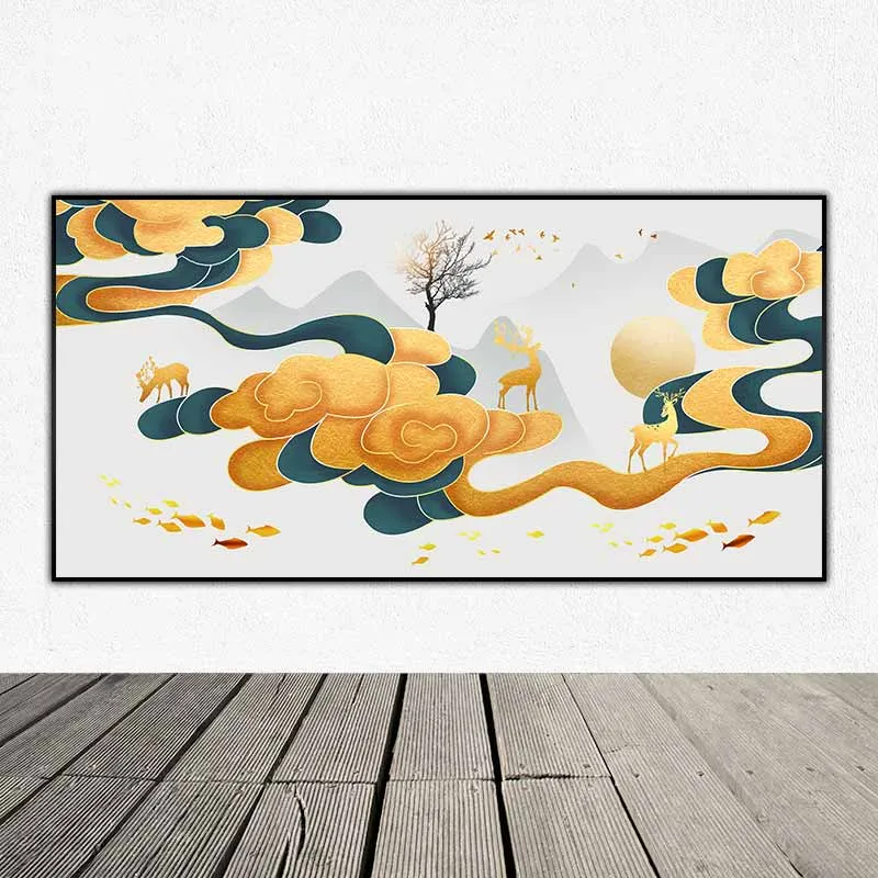 Tranh đàn nai cưỡi mây và đan cá bơi tung tăng phía dưới