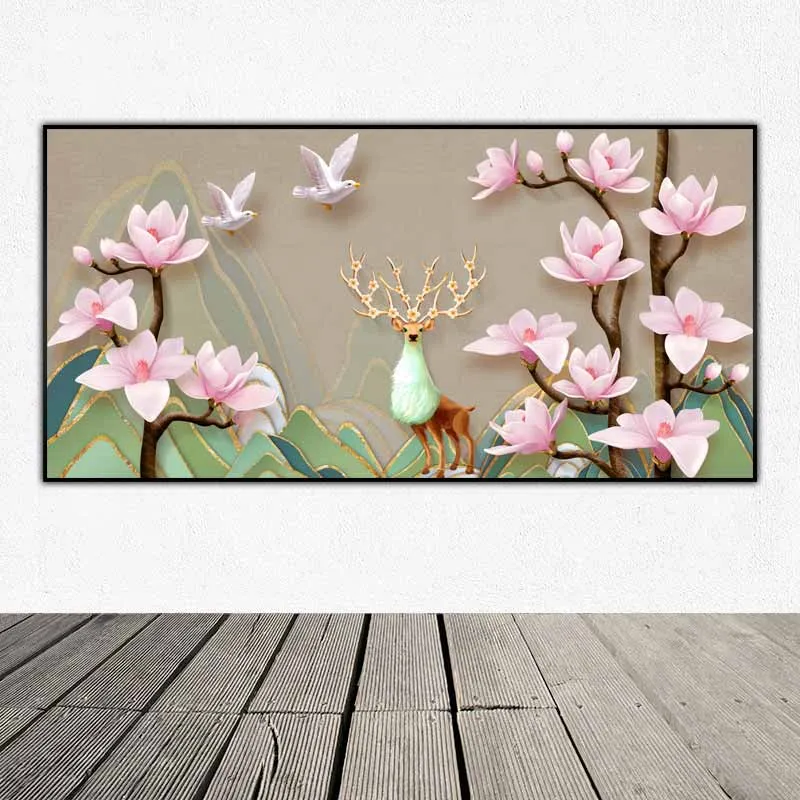 Tranh nai và hoa đào 3d