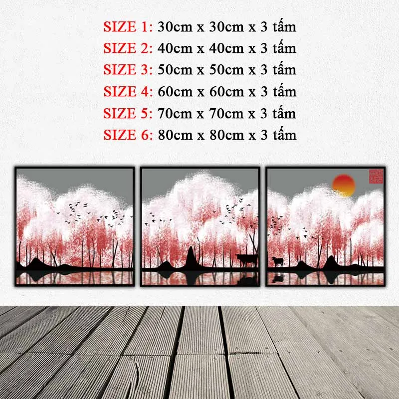 Tranh canvas phong cảnh sông nước với hàng cây đỏ trừu tượng