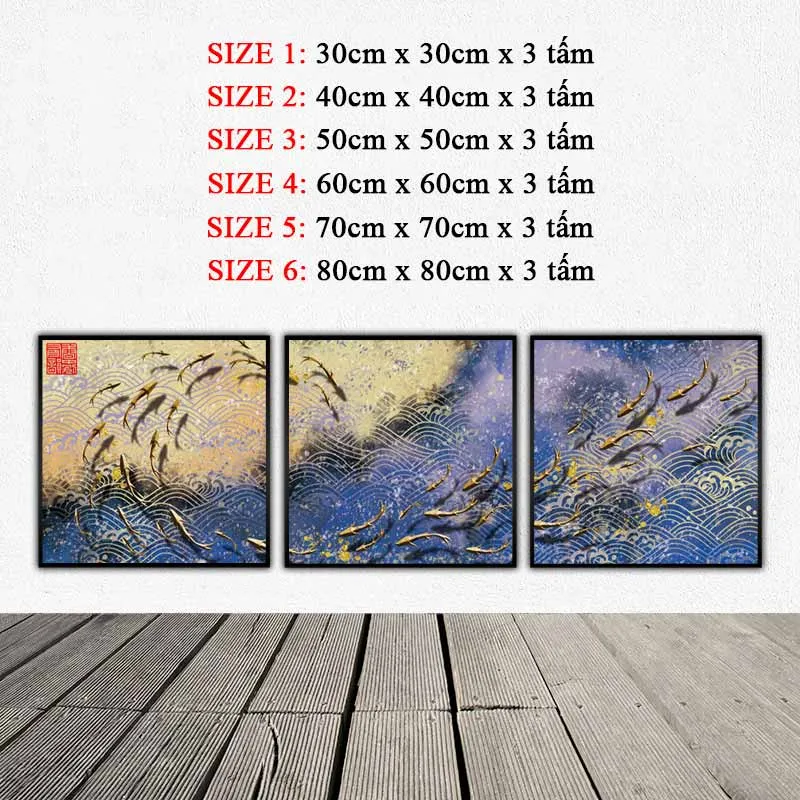 Tranh canvas trừu tượng đàn cá đang chơi đùa những con sóng