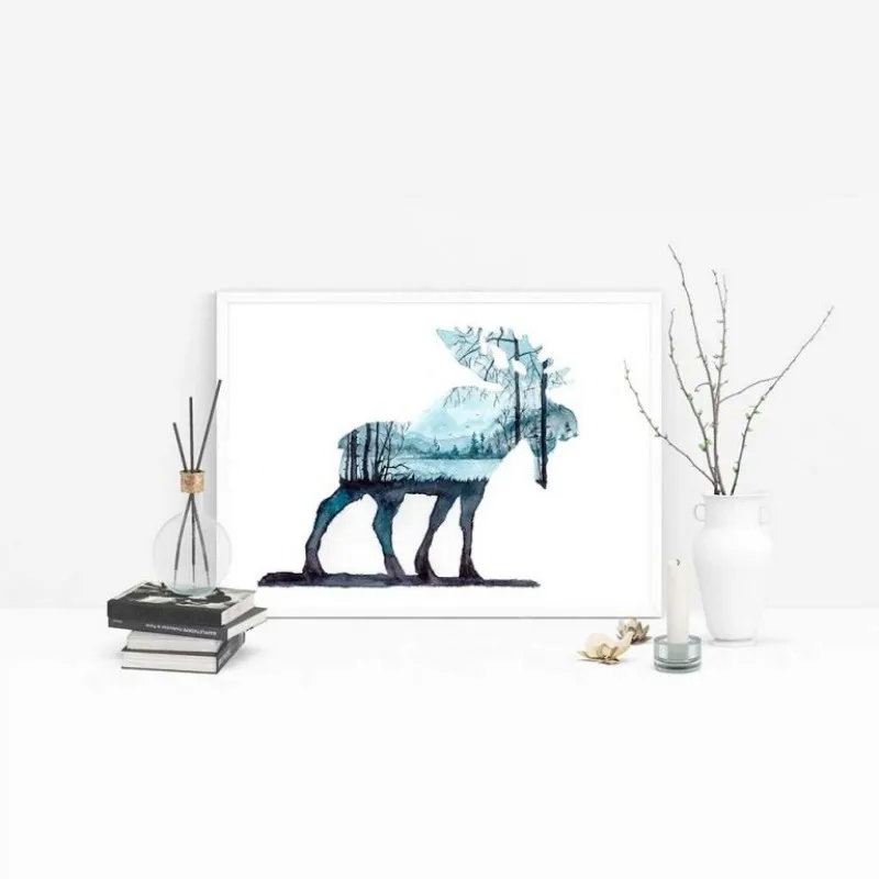 Tranh canvas động vật vịt trời, tuần lộc và cá trừu tượng