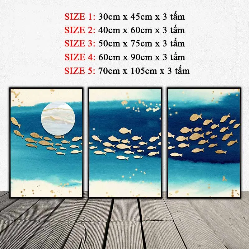 Tranh canvas trừu tượng đàn cá bơi lội dưới mặt trăng