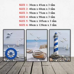 Bộ 3 Tranh Canvas Cảnh Biển Họa Tiết Thuyền Buồm Và Ngọn Hải Đăng Giả Nổi 3D