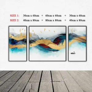 Bộ 3 Tranh Canvas Trừu Tượng Sóng Biếc Vân Vàng