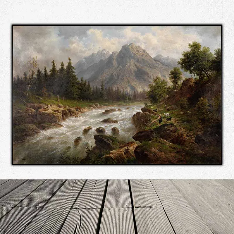 Tranh phong cảnh người chăn dê đang đứng nhìn qua bên kia dòng suối với ngọn núi to hùng vĩ