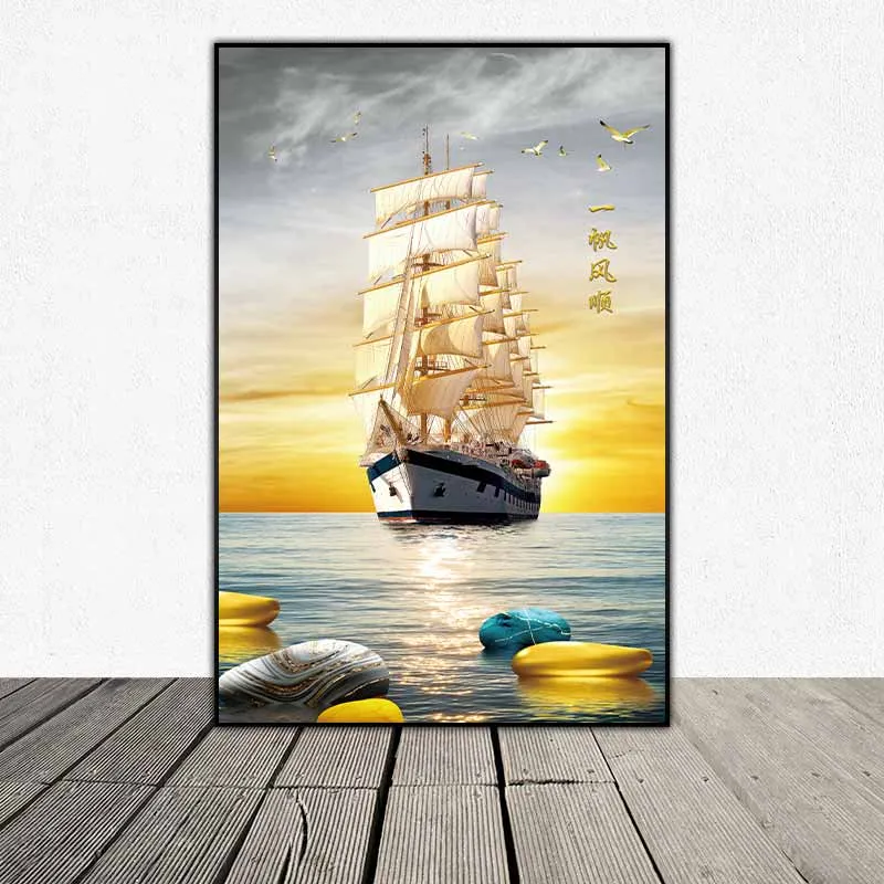 Tranh phong cảnh con thuyền vàng thuận buồm xuôi gió