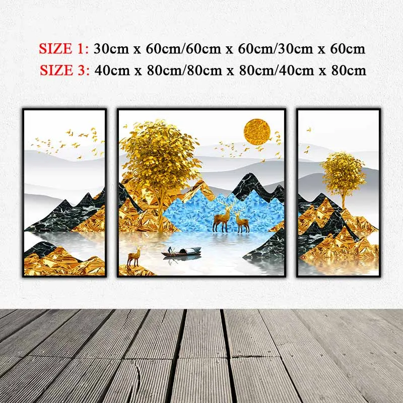 Tranh đồi núi, cây và hươu nai vàng phong thủy