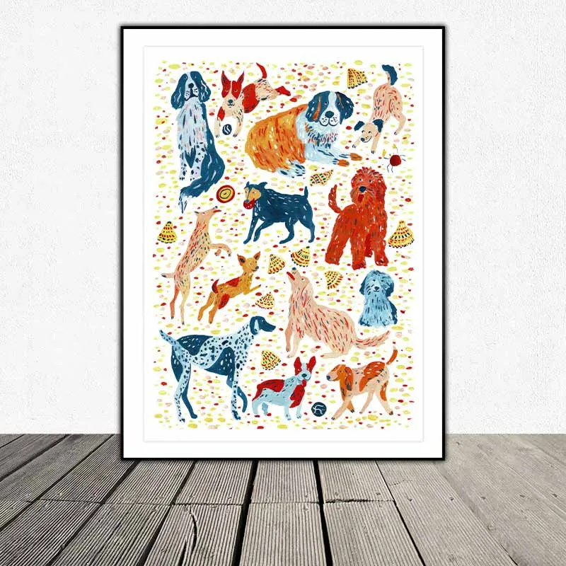 Tranh đàn chó đang chơi đùa